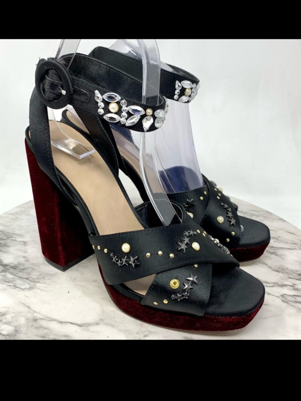 Mix No.6 Kavita Black and Red Velvet Celestial Embellished Heels 8 90's Y2K Star